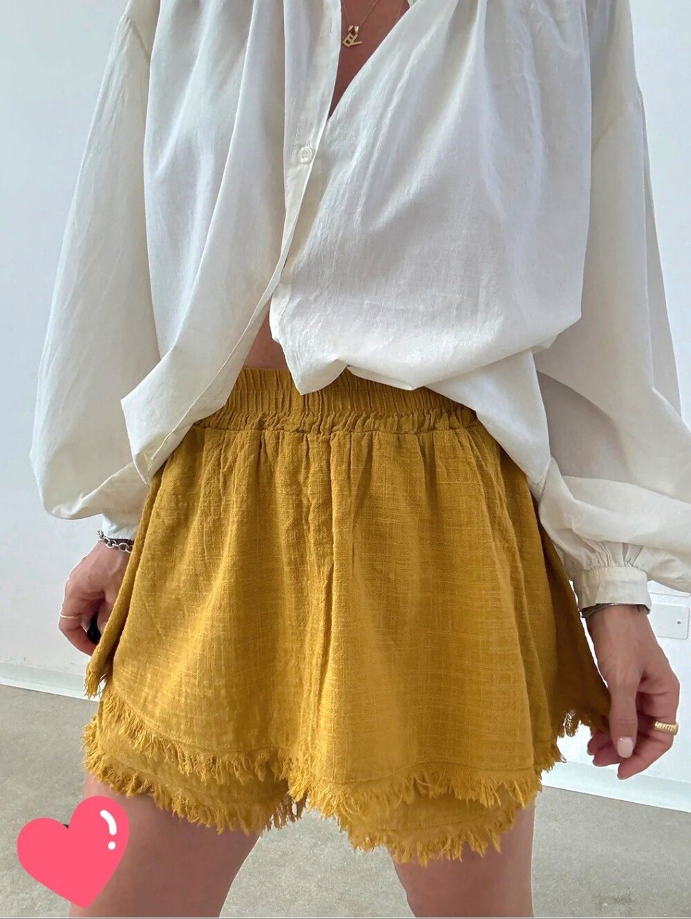 🆕️ Frayed Hem 100% Cotton Boho Mustard Yellow High Waisted Shorts Size M